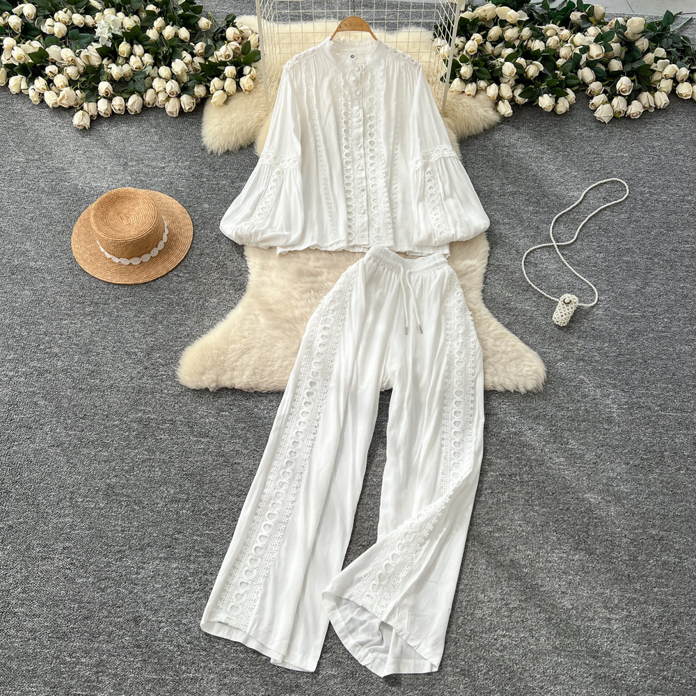 Elegant two-piece set for women, autumn : french court style lace patchwork lantern sleeve blouse with high-waisted wide-leg pants