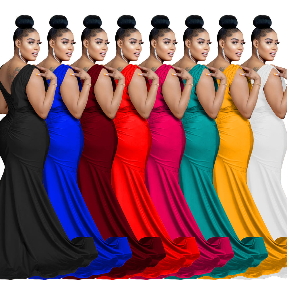 C6357 cross-border   fashion women's solid color v-neck sleeveless ruched maxi dress