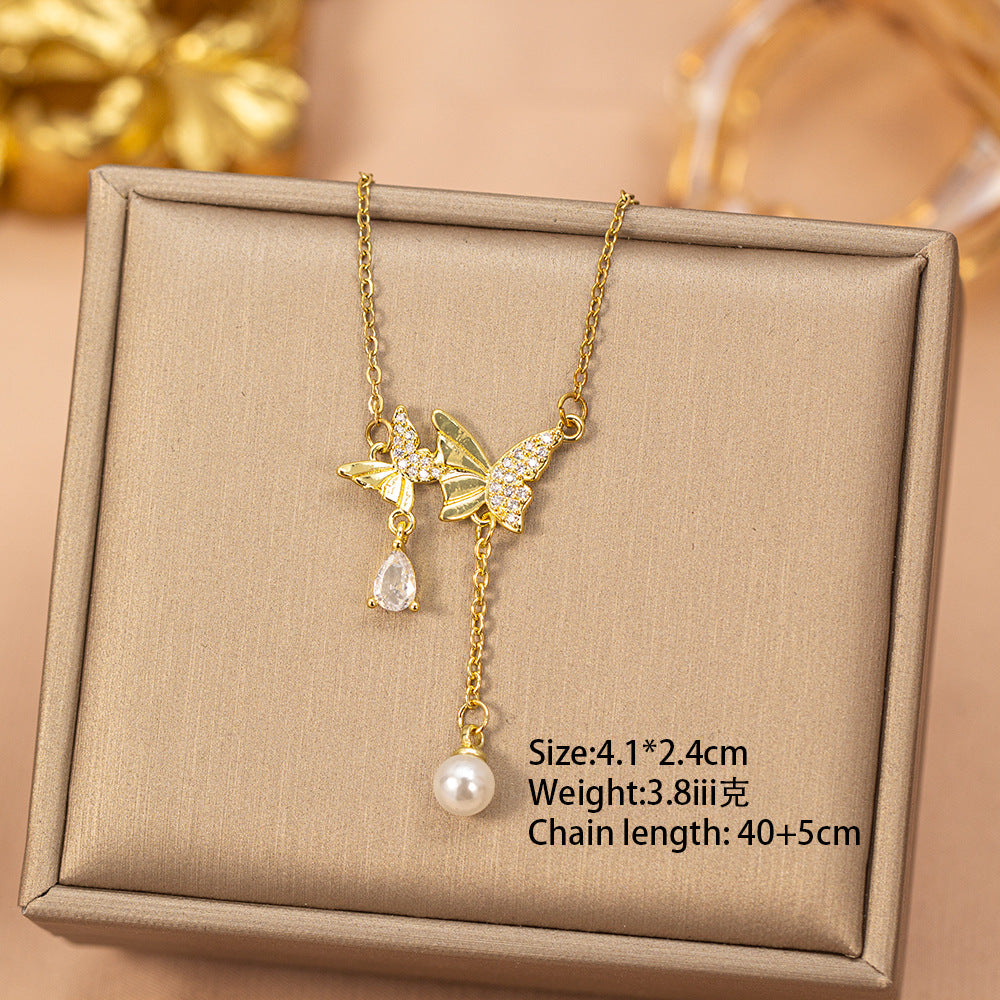 European and american hot-selling fashion zircon pearl necklace for women, lightweight luxury, niche, versatile, elegant, fashionable titanium steel clavicle chain jewelry