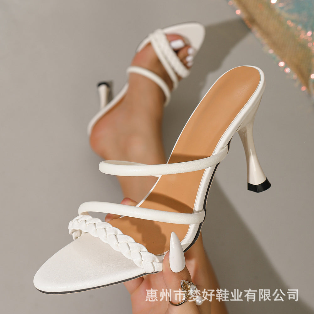 2025 summer new european and american style pointed toe high heel slippers women's fashion thong woven stiletto sandals wholesale
