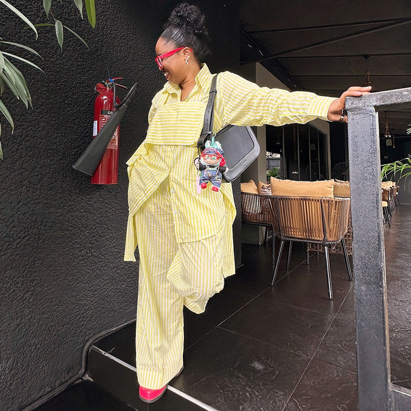 European and american cross-border women's fashion:  autumn/winter new collection - stylish striped long-sleeve shirt and wide-leg pants set