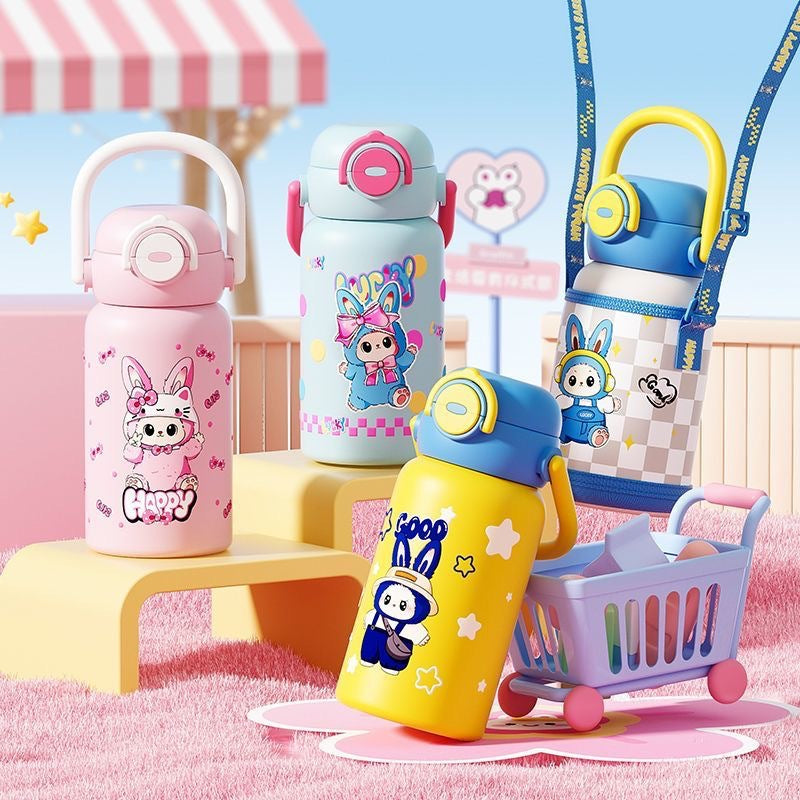 Creative cartoon double-drink kids' thermos: stylish, high-capacity student straw water bottle - stainless steel cup