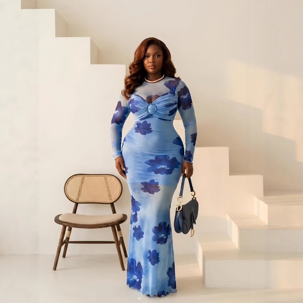 European and american cross-border women's fashion  spring new arrival: long sleeve crew neck bandeau waist-cinching bodycon sexy maxi dress