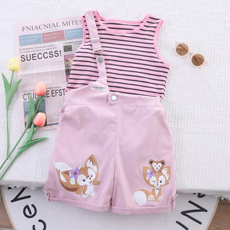 Summer girls' two-piece outfit: striped tank top with one-shoulder straps and shorts, featuring cartoon print, fashionable kuromi korean style