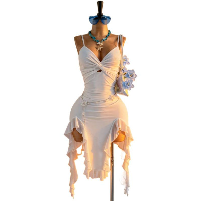 Women's new summer romantic vacation solid color mesh twist knot asymmetrical hem midi slip dress