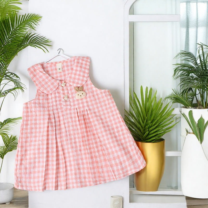 Girls'  summer new arrival: cute plaid tank dress - stylish baby blue dress with bunny princess design