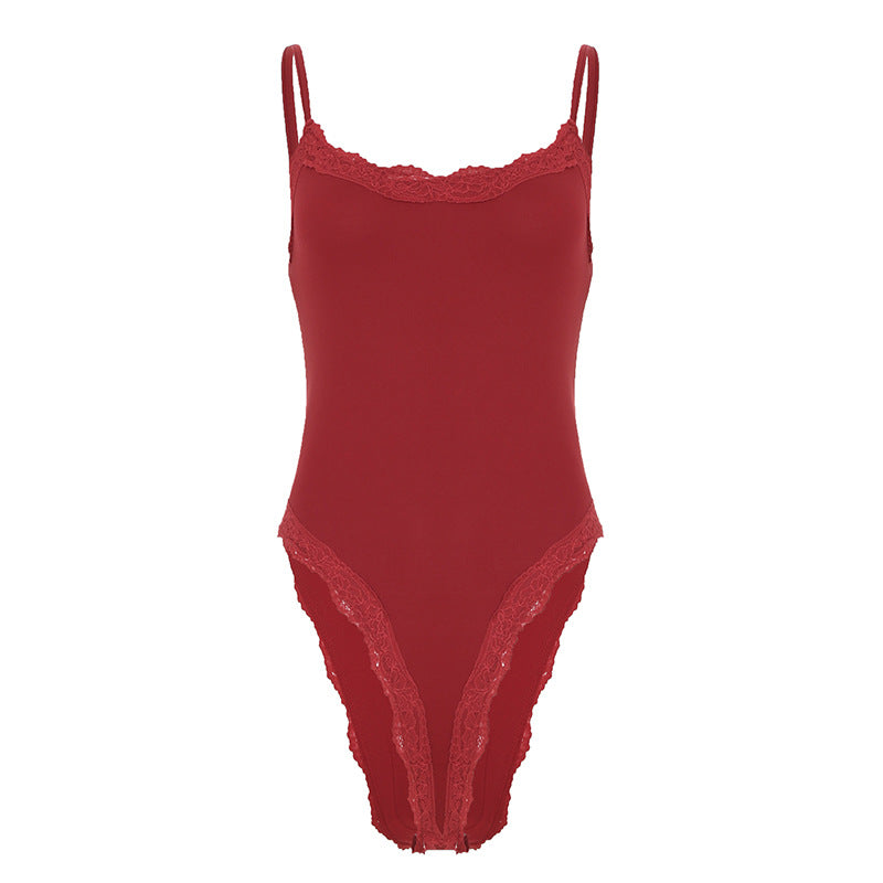 solid color basic lace splicing suspender onesie sexy base medium and long vest top women