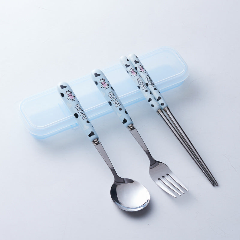 Portable storage cutlery set - cute cow design stainless steel children's dinnerware set: fork, spoon, and chopsticks