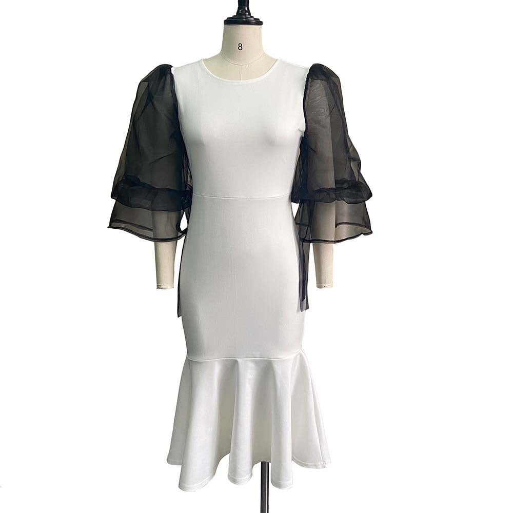 D172  independent station mesh splicing fishtail dress european and american fashion large size hip-covering cross-border dress