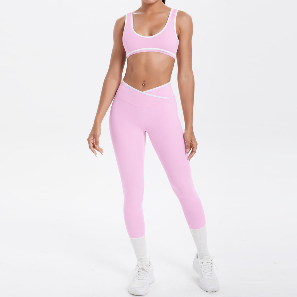 New arrival cross-border brushed contrast color tight breathable cross wide-leg yoga suit sports running fitness two-piece set