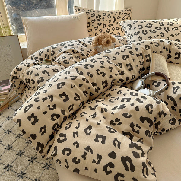 ins leopard print cotton double-layer yarn bed four-piece cotton quilt cover bed sheet bed hat skin-friendly bedding dormitory wholesale