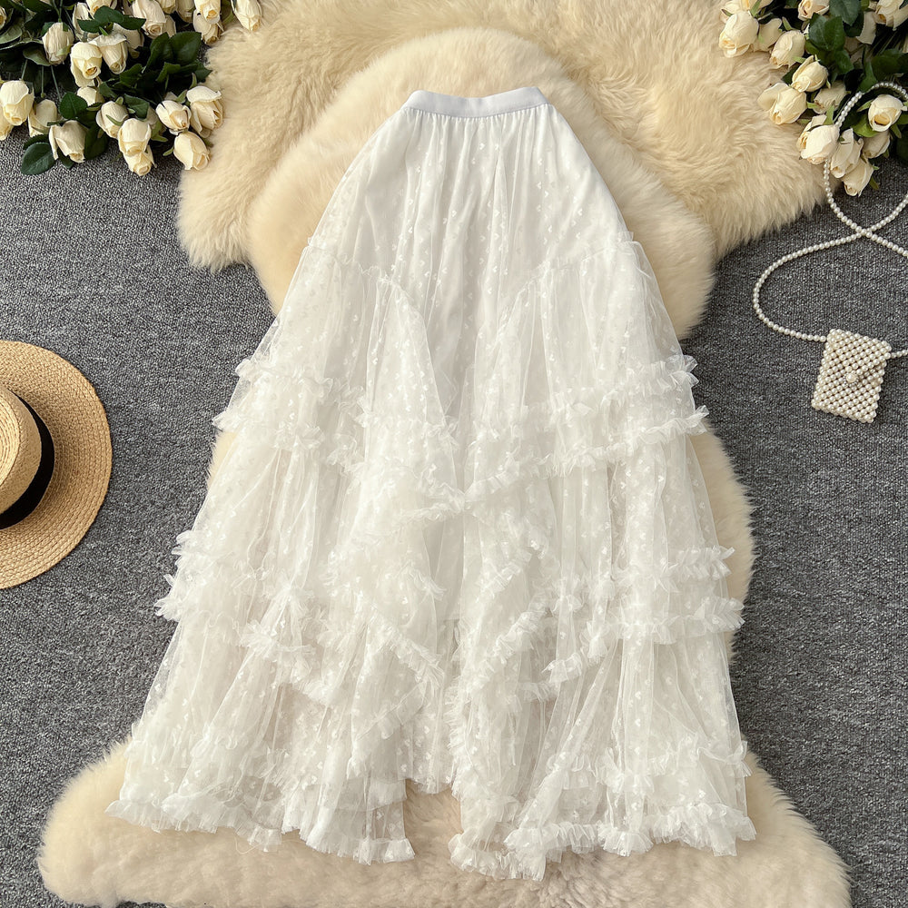 Ethereal midi skirt -  early spring new arrival: soft & elegant, slimming, heart-shaped mesh, asymmetrical flared skirt
