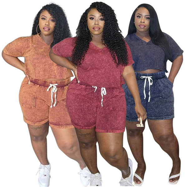 N7895 Cross-border Independent Station European and American Large Size Women's Clothing, Printed High Elastic Short Sleeve Shorts Tether Casual Pants Set