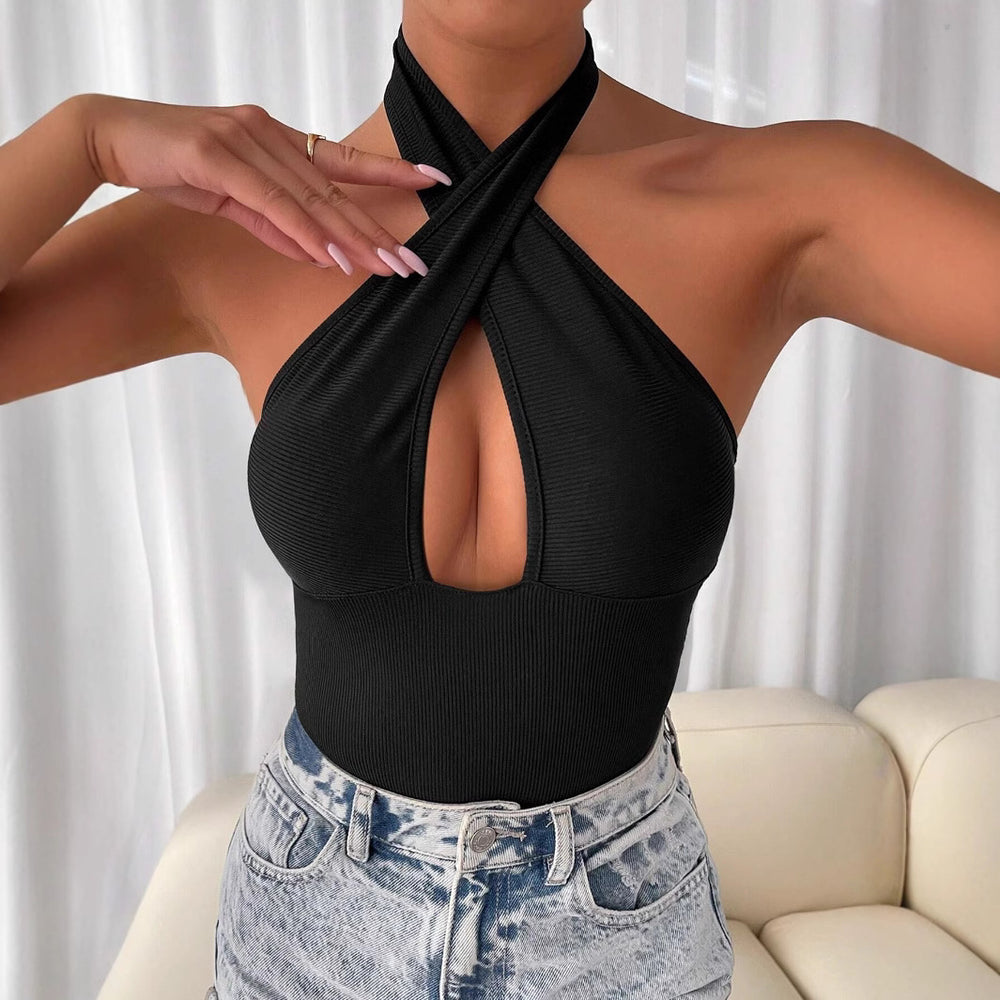 Amazon cross-border hot seller: new  spring/summer solid color sexy backless criss-cross cutout halter bodysuit