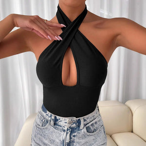 Amazon cross-border hot seller: new  spring/summer solid color sexy backless criss-cross cutout halter bodysuit