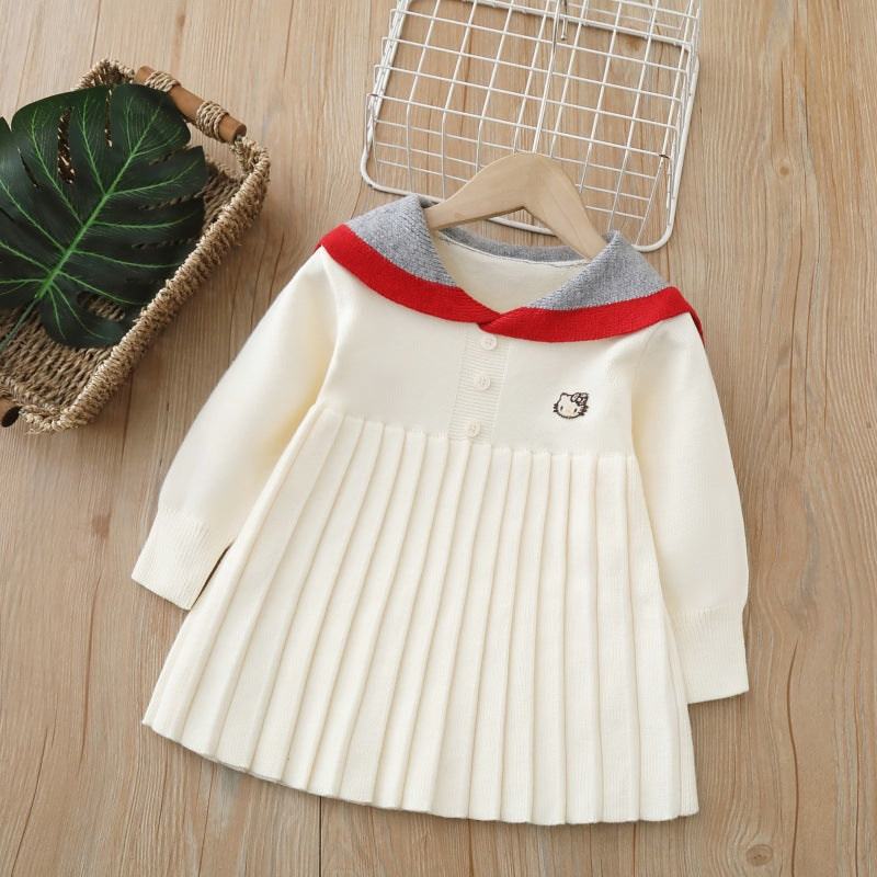 Girls' knit sweater dress - new autumn  collection: navy collar, longline style, preppy look