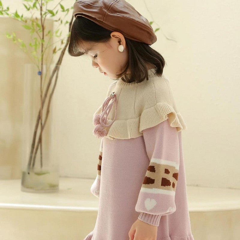 Girls' knit sweater dress - new autumn/winter  collection - kids' long knit dress with pom-poms - baby girl's new year's long dress