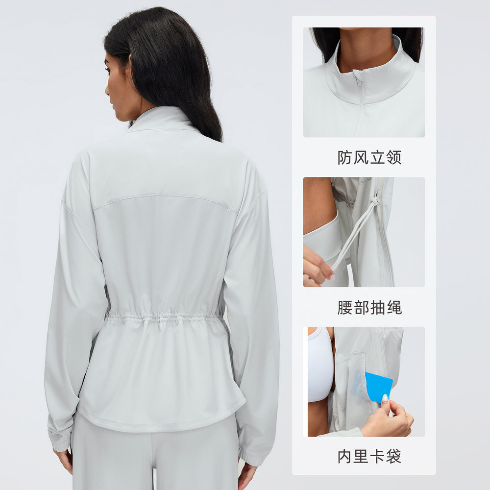 New drawstring waist stand collar jacket top - casual, loose fit, versatile yoga & fitness activewear outerwear d26007