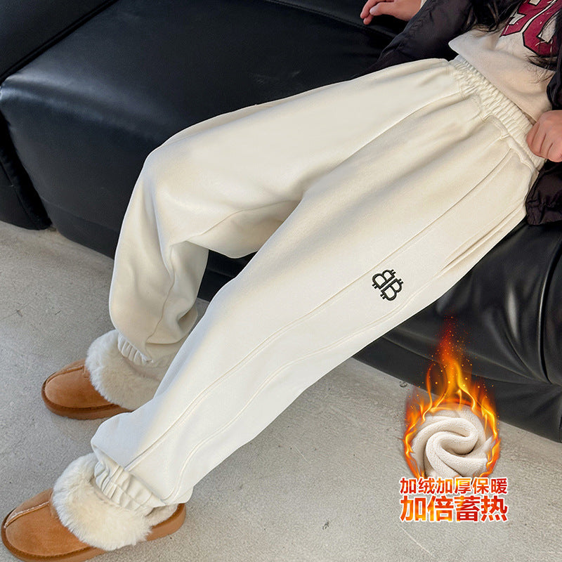 Girls' fleece-lined thickened sweatpants - new  winter collection: stylish, casual, loose-fit athletic pants for trendy little girls