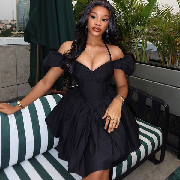 European and American style  elegant temperament women's clothing solid color lace-up pleated skirt, neck and waist pleated V-neck short dress