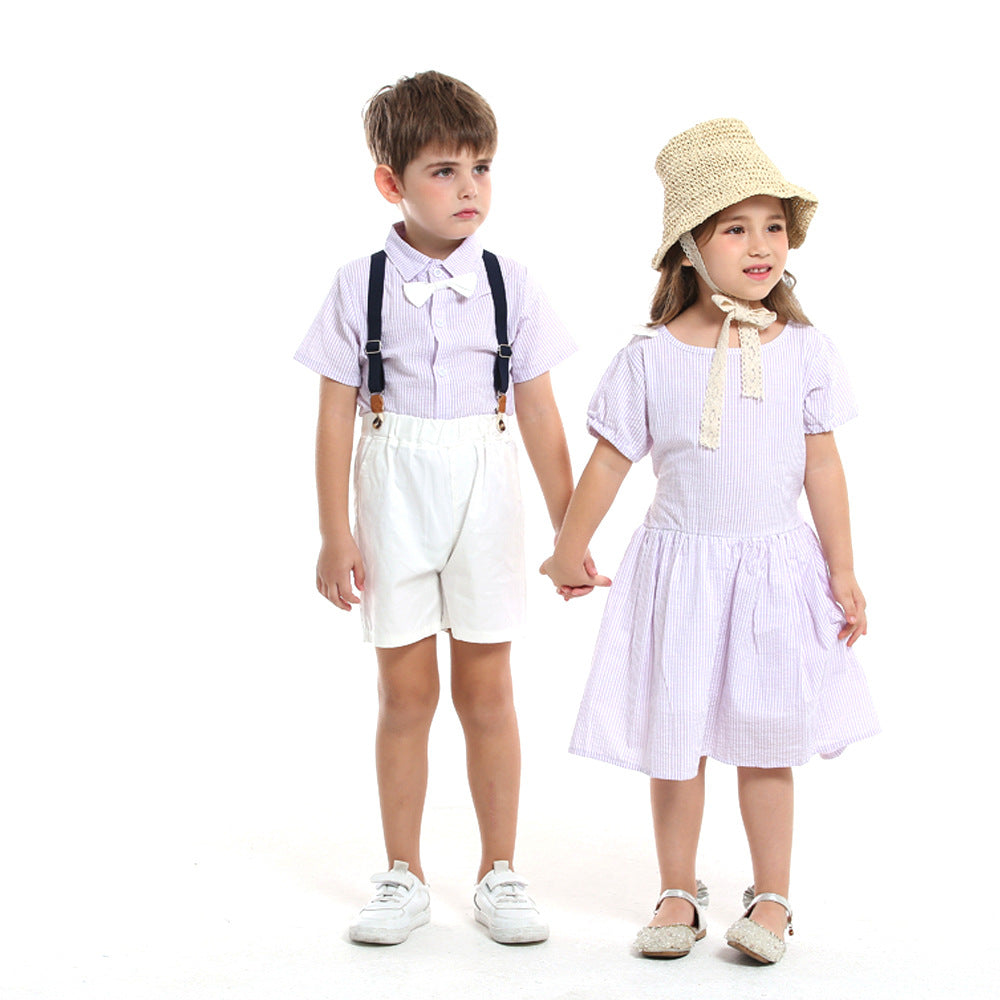 Wholesale children's clothing direct from the manufacturer: boys' preppy-style short-sleeved plaid shirt and suspender shorts set, dropshipping available