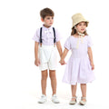Wholesale children's clothing direct from the manufacturer: boys' preppy-style short-sleeved plaid shirt and suspender shorts set, dropshipping available