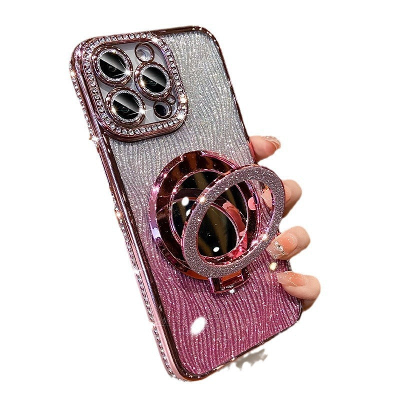 Apple 17pro luxury rhinestone glitter suitable for iphone 16e mobile phone case 15 water ripple mirror bracket magnetic suction