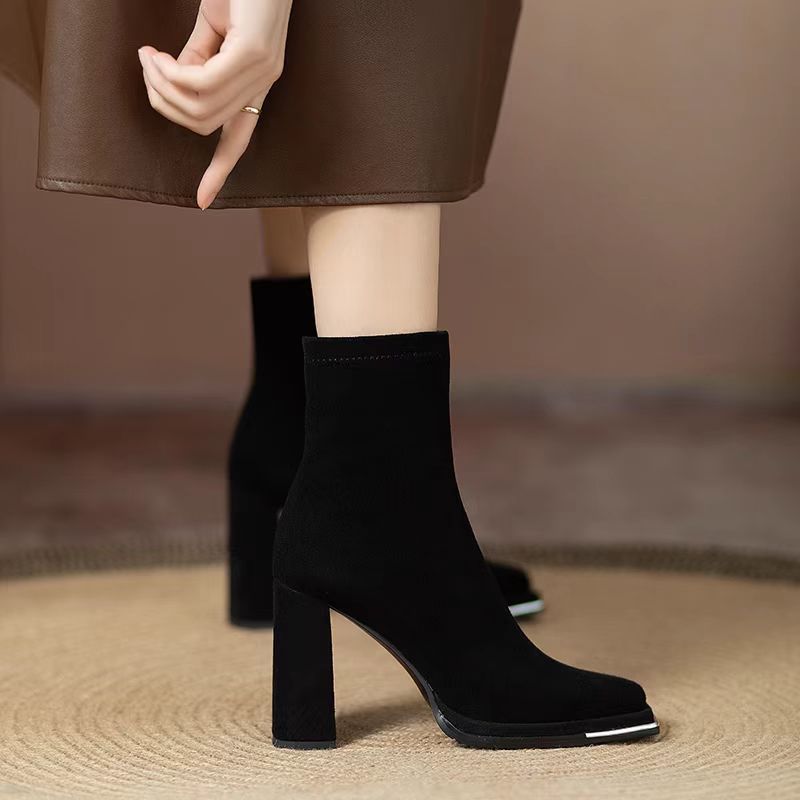 Plus size high heels short boots 2025 fall and winter new arrivalboots women's suede slim short boots square toe thick heel