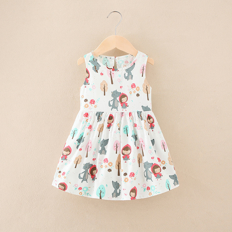 all-cotton a-line dress for girls, spring/summer sleeveless cartoon print princess dress for toddlers and young children