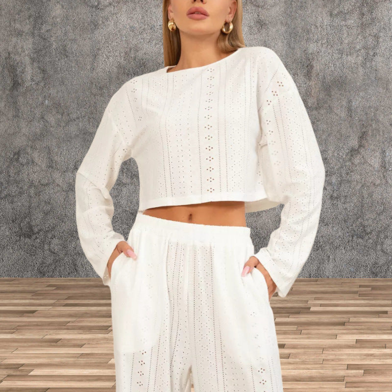 Cross-border 2024 spring and summer European and American women's suits are fashionable, simple, slim, loose pullover, long sleeves and trousers, home furnishing