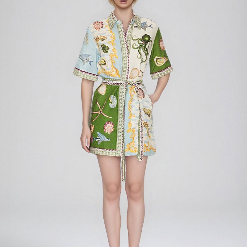 cross-border e-commerce european and american women's clothing: new summer collection - fashionable plant print, collared, tie-waist mini dress