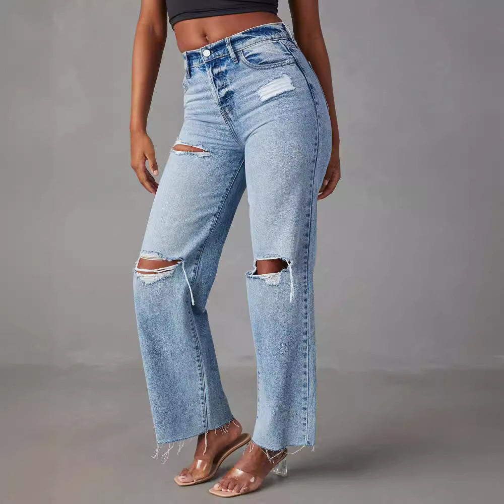 Xintang jeans women's new arrivalfashion ripped high waiststraight-legjeans washed and worn fashionjeans