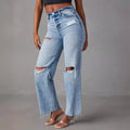 Xintang jeans women's new arrivalfashion ripped high waiststraight-legjeans washed and worn fashionjeans