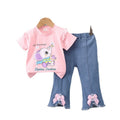 Direct from the factory! girls' summer two-piece set: pink cartoon tee + bowknot denim shorts. ready to ship!