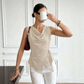 french swing collar sleeveless vest women's side drawstring waist asymmetrical hem elegantwork clothing gentle style tops