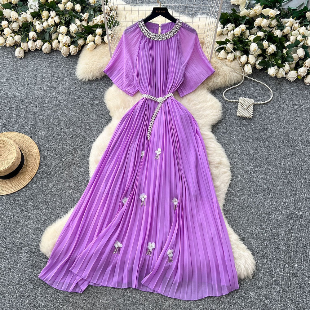 European and american light luxury high-end short-sleeve dress for women - summer pleated, rhinestone-embellished, pearl belt design