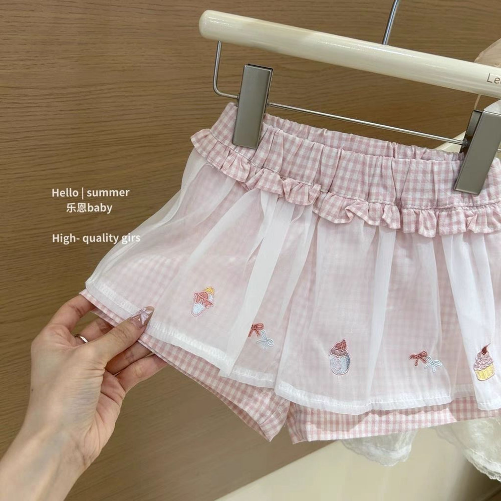 summer cute lightweight set - trendy new girls' off-white tank top & pink gingham lace pants