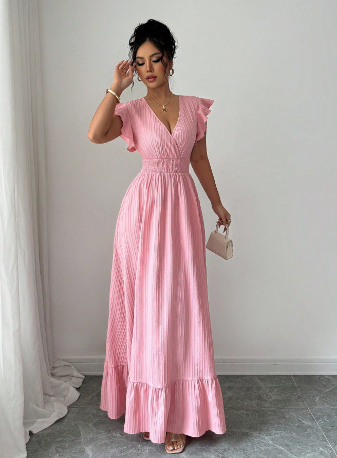 fashion cross-border french elegant waist v neck long dress pink dress