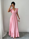fashion cross-border french elegant waist v neck long dress pink dress