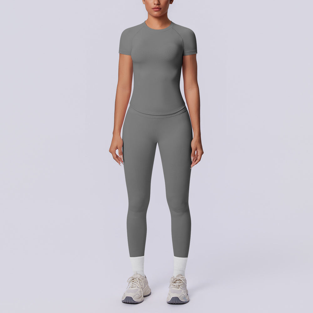 Seamless cross-border yoga set: shaping short-sleeve top & high-waisted butt-lifting leggings - perfect for running and fitness