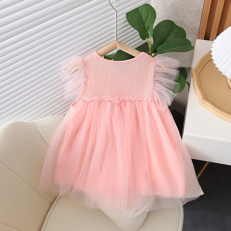 Girls' dress with flutter sleeves, summer baby girl mesh tutu dress, super fairy princess dress, performance bow trendy style