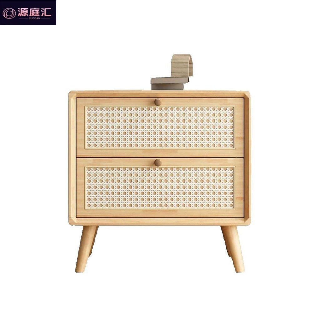 Rattan bedside table wooden cherry color walnut color log color scandinaviancasual style mini solid wood storage cabinet