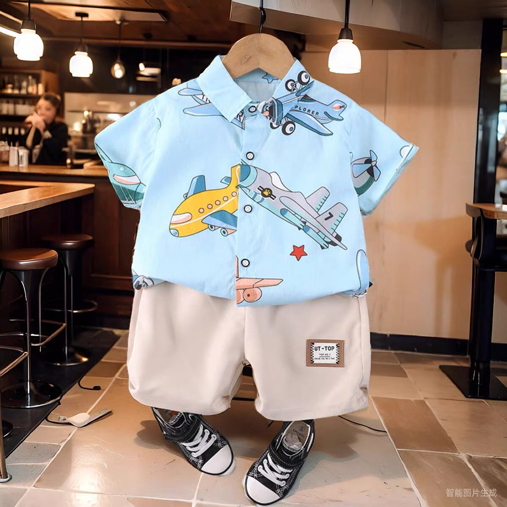 Boys' summer outfit set  new kids' summer style: trendy, edgy, and street-style short-sleeve and shorts two-piece set