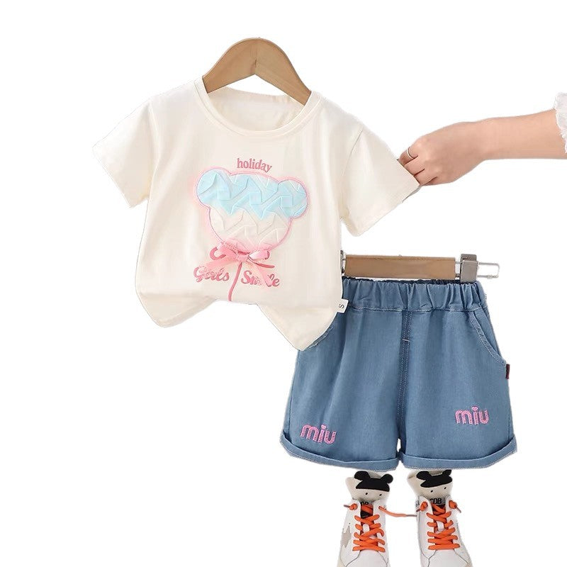 Girls' summer outfit: korean style cartoon set,  new summer collection, kids' fashion baidu short-sleeve two-piece set