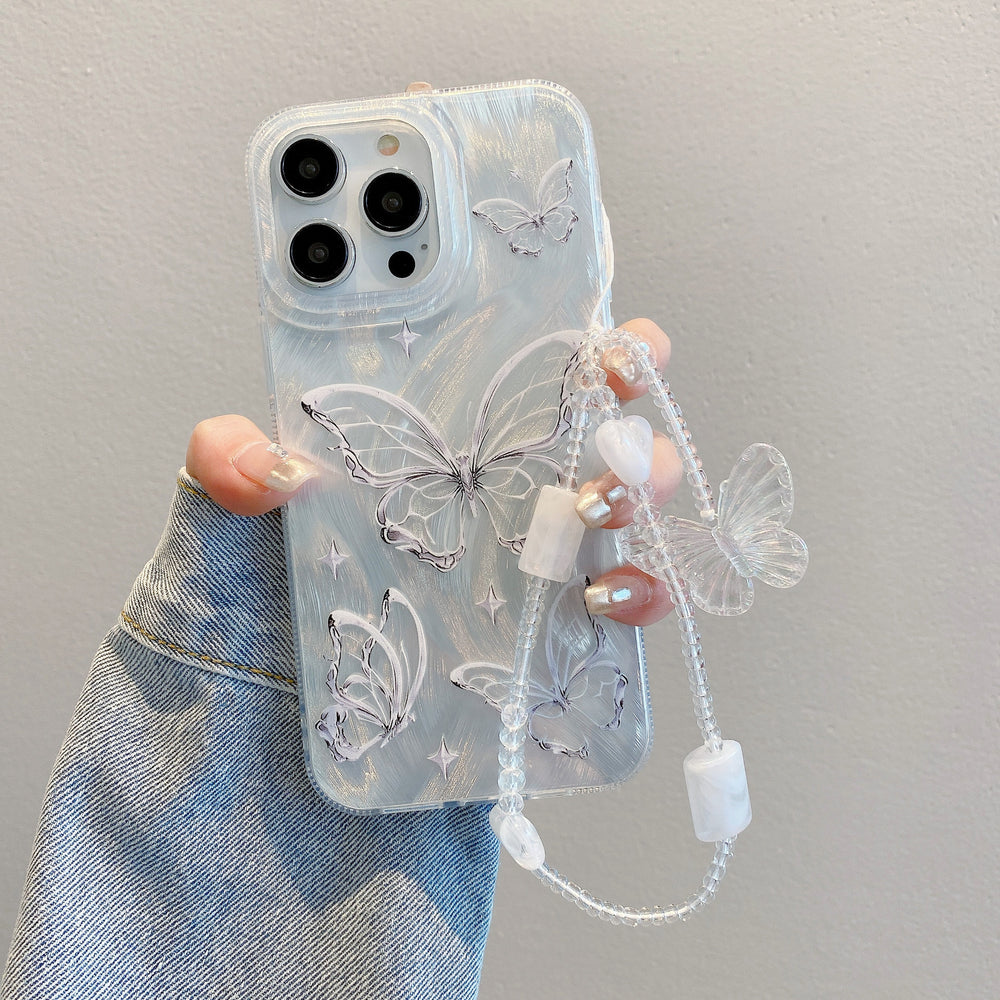 Premium feather yarn iphone 16 pro silver butterfly phone case, apple 12 hard case, 14 chain protective cover