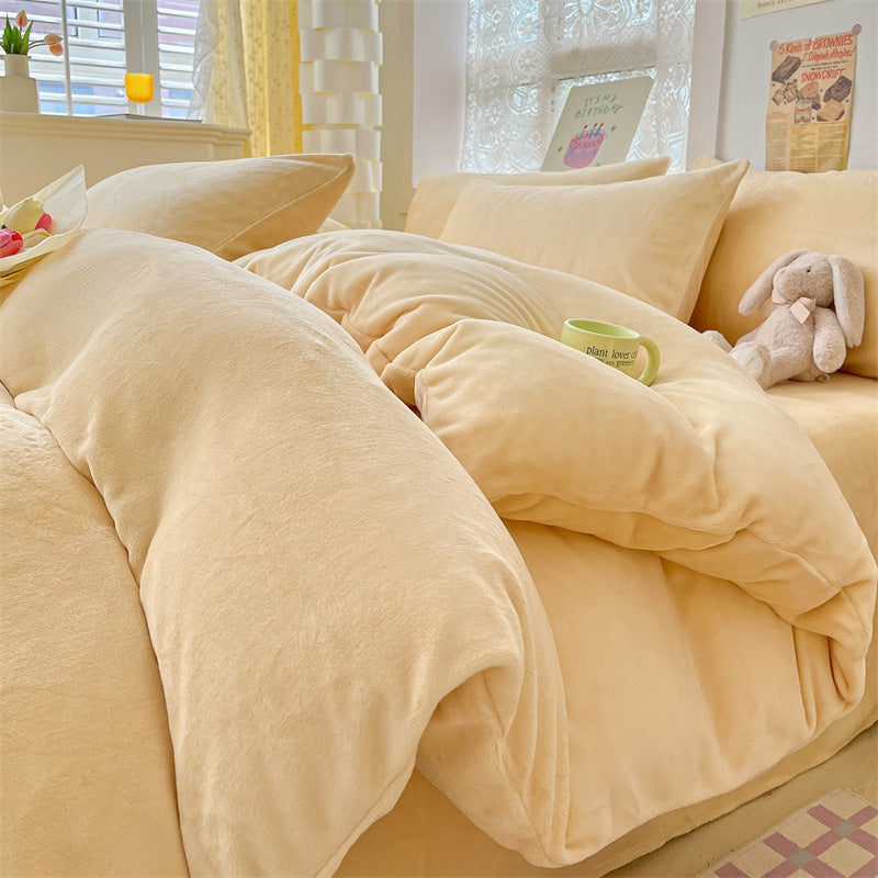 Solid color milk fleece four-piece set, winter thickened coral fleece bed sheet quilt cover, Nantong flannel bed three-piece set
