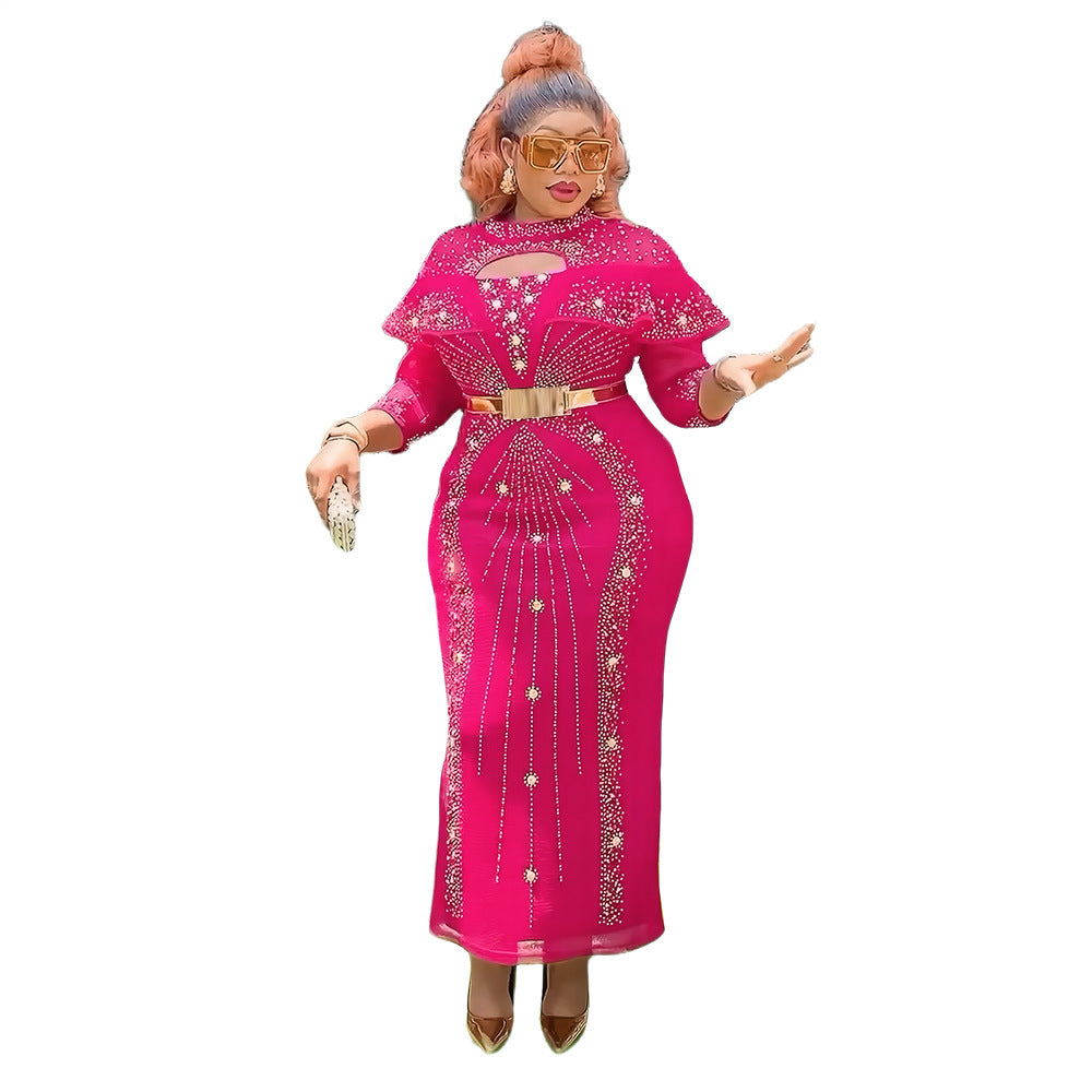 Fashion cross-border new arrival african  plus size women's dress fashion hot diamond beaded high waist hip skirt
