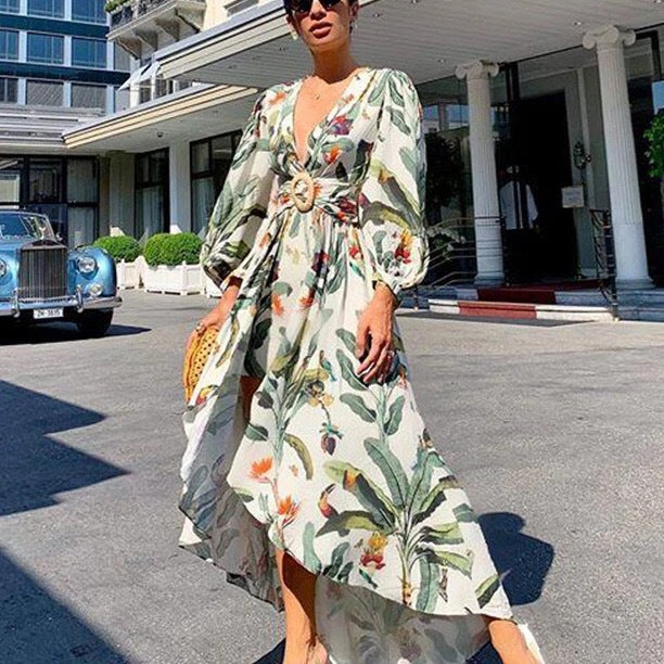 Amazon  european and american fashion women's clothing  summer new deep v one-shoulder printed irregular dress