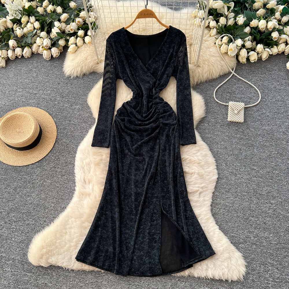 Frenchretrov necklong sleevesdress women's fall and winternew arrivalclassy sense silm waist pleated royal sister long skirt