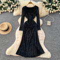 Frenchretrov necklong sleevesdress women's fall and winternew arrivalclassy sense silm waist pleated royal sister long skirt